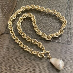 Large Faux Baroque Pearl Drop Gold Chain Necklace Toggle Closure